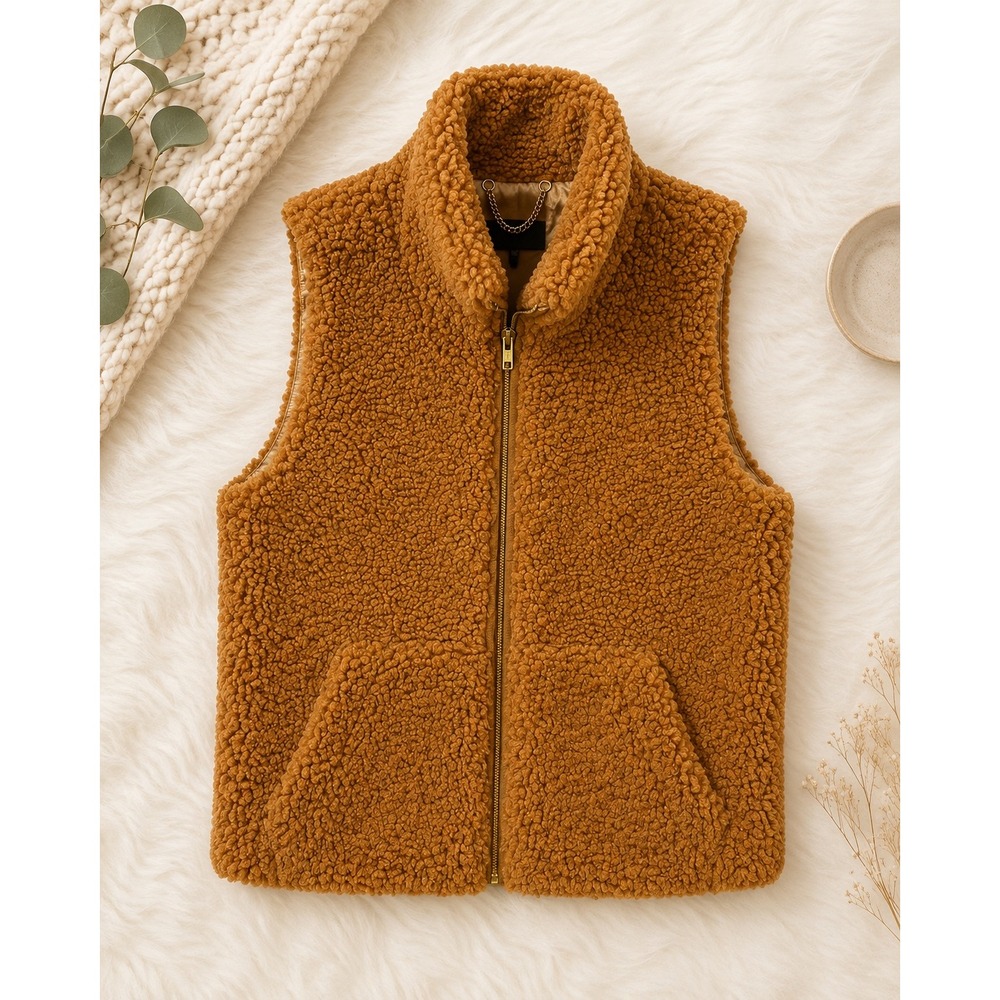 J.Crew Sherpa Fleece Vest Women XXS Brown Excellent Zip Up BA526 Teddy